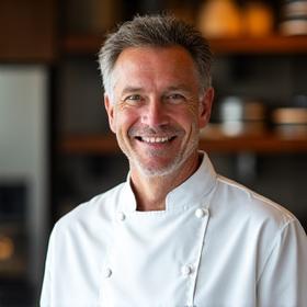 Portrait du Chef Fondateur de Lumière Gourmande, souriant avec un tablier de chef