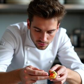 Portrait d'un jeune Chef Pâtissier avec une veste blanche impeccable et un air concentré