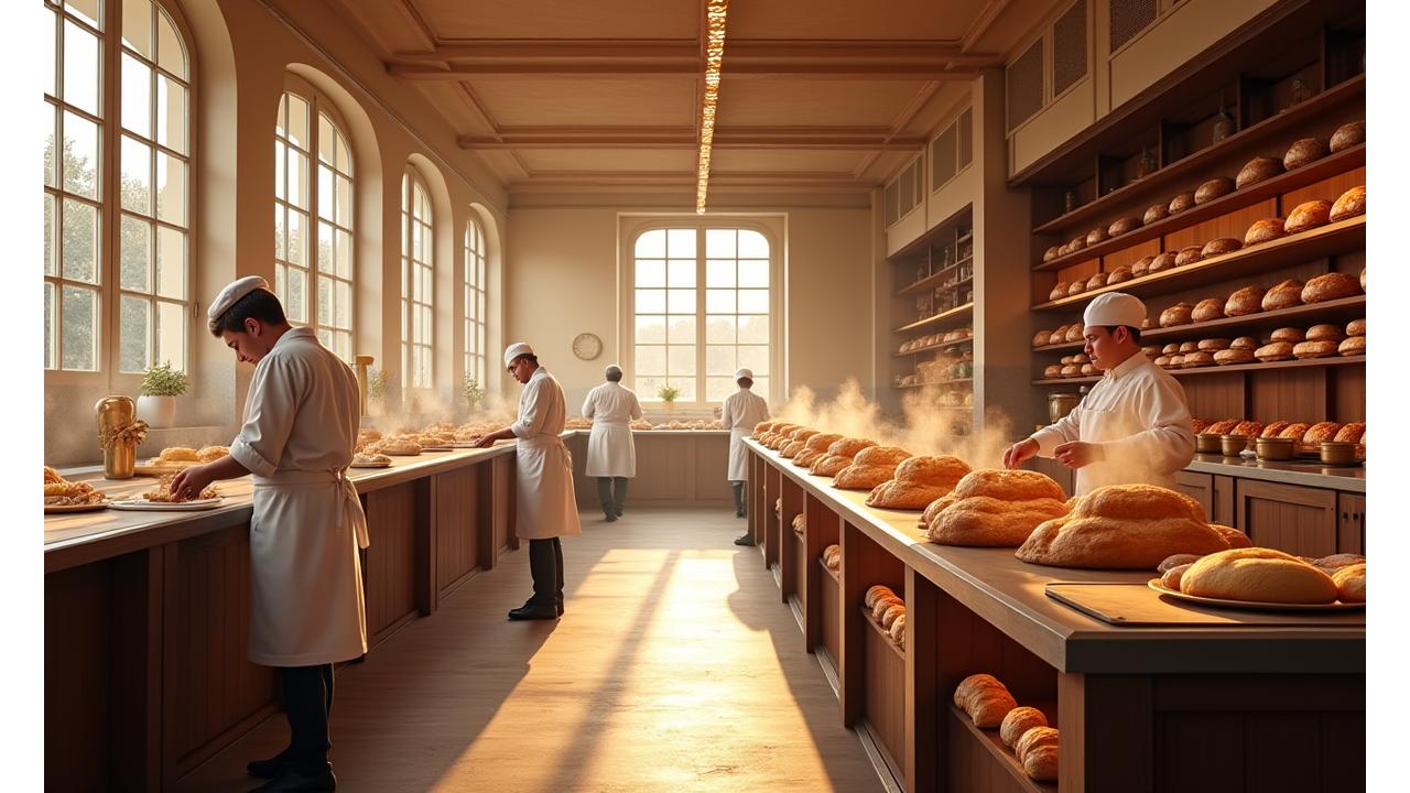 Vue panoramique d'un atelier de boulangerie-pâtisserie haut de gamme parisien avec des artisans à l'œuvre