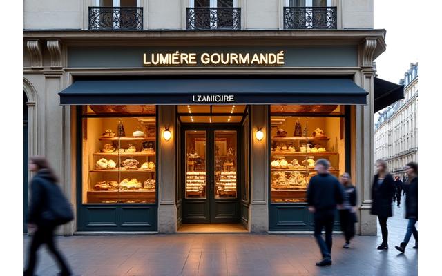 Façade élégante de la boulangerie Lumière Gourmande à Paris, avec des passants dans la rue