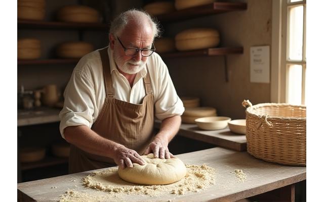 Vieille photo sépia d'un grand-père boulanger en Provence pétrissant du pain, avec des ustensiles traditionnels