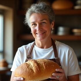 Portrait d'une Maître Boulangère expérimentée, regardant fièrement un pain au levain doré