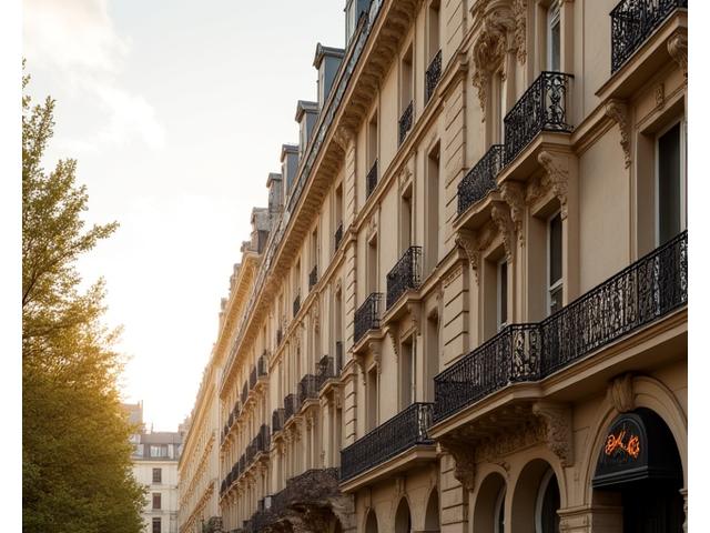 Vue extérieure élégante de l'immeuble haussmannien abritant Lumière Gourmande au 2847 Rue du Faubourg Saint-Honoré, Paris. Il fait jour, l'architecture est classique et imposante.