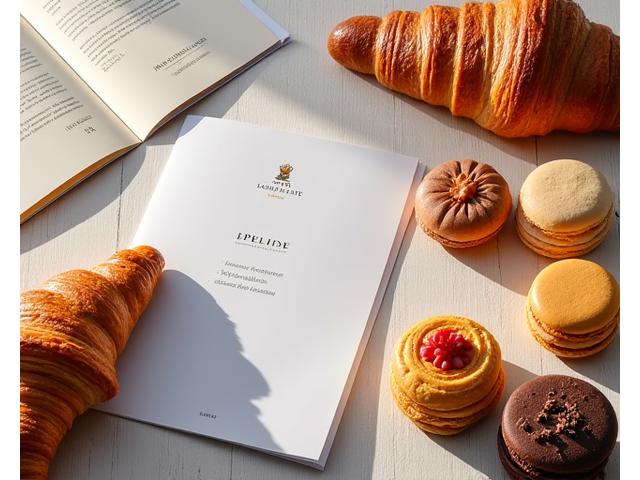 Une sélection diversifiée de pains, viennoiseries et pâtisseries fins présentés élégamment sur une table en bois clair, avec un catalogue ouvert à côté.