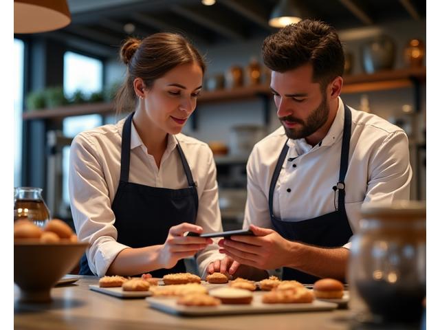 Image d'une personne de Lumière Gourmande en train de discuter avec un chef cuisinier dans une cuisine professionnelle, consultant des documents ou un tablet, symbolisant le support commercial.
