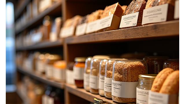 Assortiment de produits artisanaux Lumière Gourmande dans une épicerie fine, emballage élégant