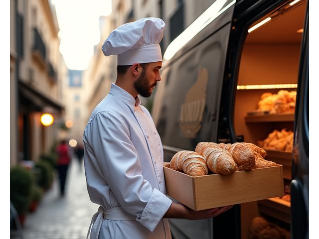 Scène de livraison matinale de produits Lumière Gourmande à un restaurant parisien, camions réfrigérés et chefs réceptionnant la marchandise.