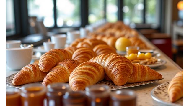 Luxueux buffet de petit-déjeuner dans un hôtel parisien avec des pains et viennoiseries Lumière Gourmande