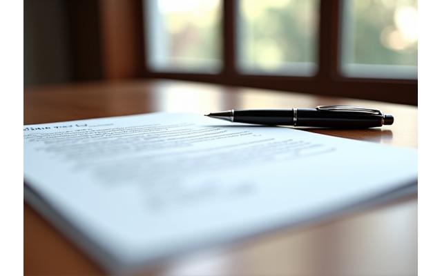 Gros plan sur un document de contrat professionnel ou une grille tarifaire avec un stylo sur une table en bois.