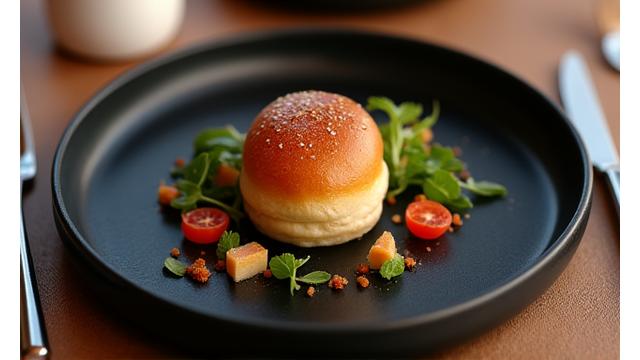 Plat gastronomique avec un pain signature de Lumière Gourmande