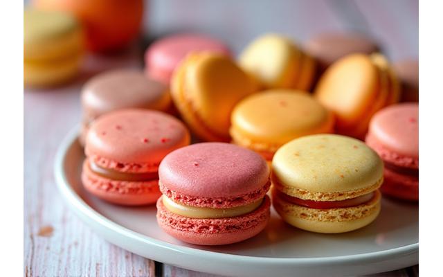 Macarons multicolores vegan sur une assiette en bois