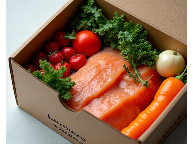 Kit repas gourmet déballé, montrant des ingrédients frais dans un emballage élégant et éco-responsable.