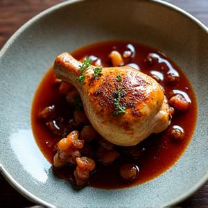 Plat de Coq au Vin revisité élégamment dressé