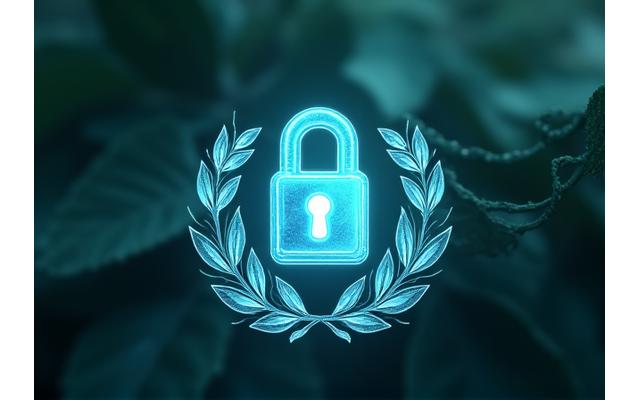 Cadenas numérique superposé sur des feuilles de laurier, symbolisant la protection des données et la conformité RGPD.