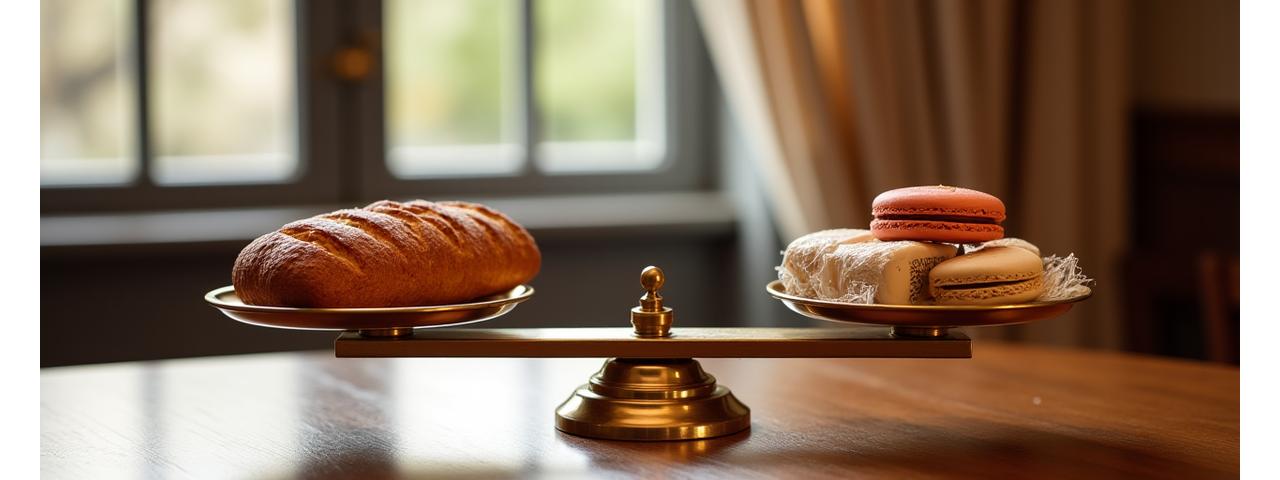 Balance de la justice avec des ingrédients culinaires, symbolisant l'équilibre entre la justice et l'art culinaire.