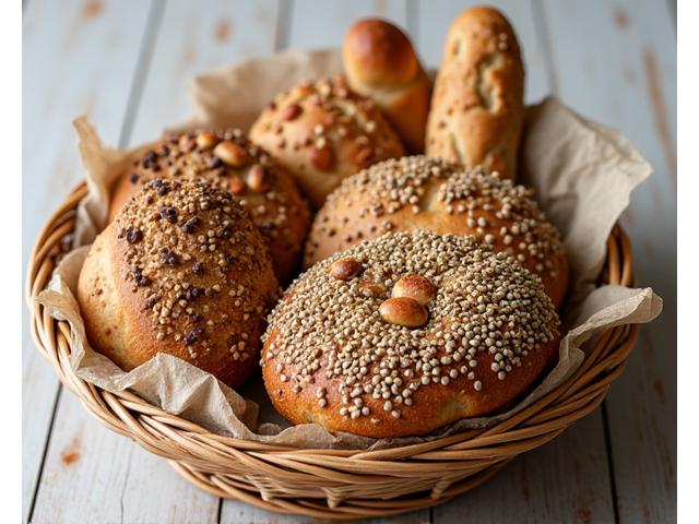 Des pains enrichis de diverses graines superfoods (chia, lin, sésame) et noix, présentés dans un panier en osier sur une table en bois clair.