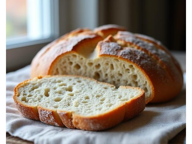Un pain au levain végétal tranché révélant une mie alvéolée parfaite et une croûte croustillante, posé sur une toile de lin.