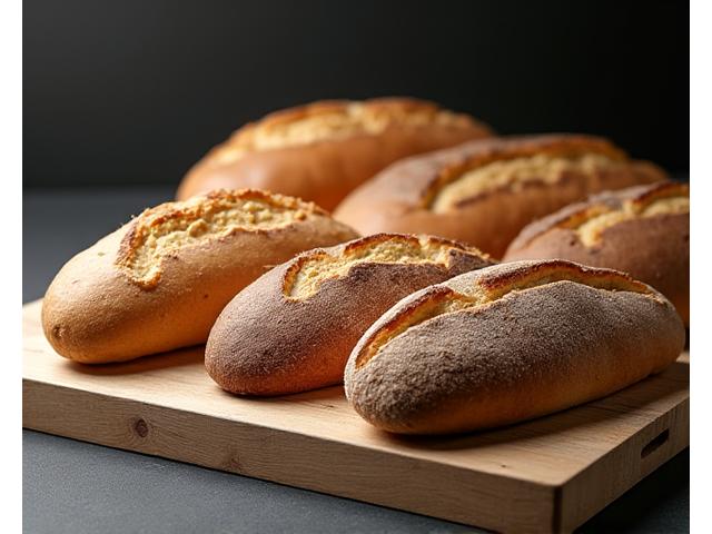 Une collection de pains végétaux variés : baguette, pain complet, pain de seigle, et pains aux céréales anciennes, disposés artistiquement sur une planche de bois.