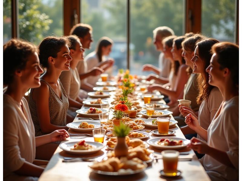 Un groupe de personnes souriantes de différents âges partageant un brunch vegan élégant et coloré sur une grande table, avec des pâtisseries et des plats végétaliens magnifiquement arrangés.