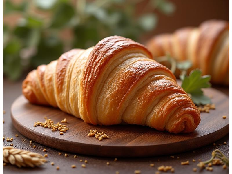 Un élégant croissant végétal parfaitement feuilleté posé sur une planche de bois dans un décor rustique chic, avec des grains de blé et des feuilles de vigne stylisées en arrière-plan.