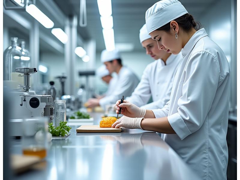 Un laboratoire de pâtisserie moderne et immaculé, avec des chefs en blouses blanches travaillant avec précision sur des ingrédients et des appareils spécialisés, mettant en avant la recherche et le développement.