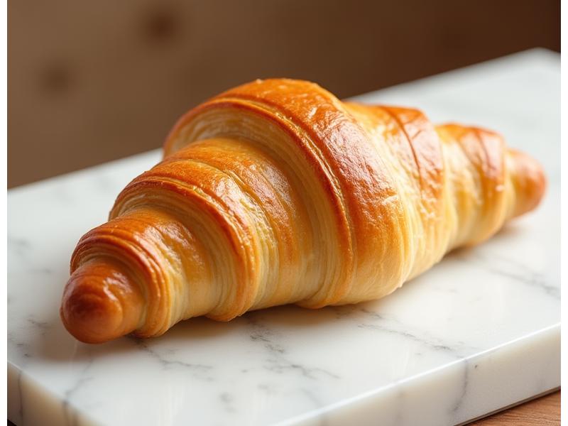 Un croissant vegan doré et parfaitement feuilleté, avec de multiples couches visibles, posé sur un plateau en marbre.