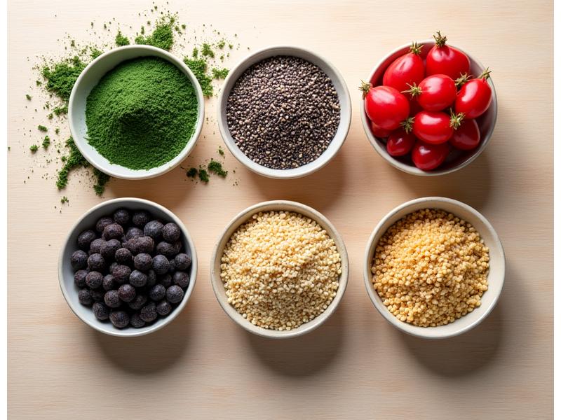 Un assortiment coloré de super-aliments crus : spiruline en poudre verte, graines de chia blanches et noires, baies de goji rouges, et quinoa tricolore, disposés dans de petits bols sur une table en bois clair.