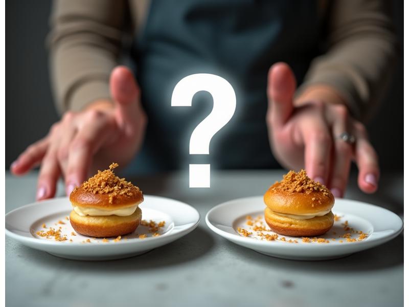 Deux assiettes identiques, l'une avec une pâtisserie vegan et l'autre avec une pâtisserie traditionnelle, avec des yeux bandés en arrière-plan et un point d'interrogation, symbolisant un test de dégustation à l'aveugle.