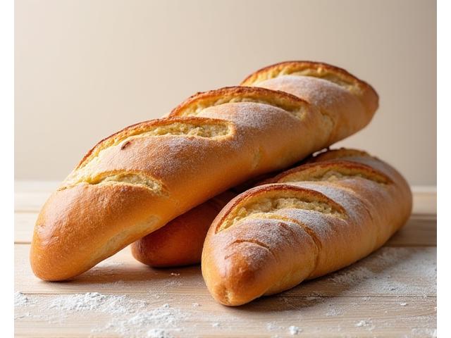 Trois baguettes de tradition française fraîchement sorties du four, croustillantes et dorées, empilées avec un aspect artisanal prononcé.