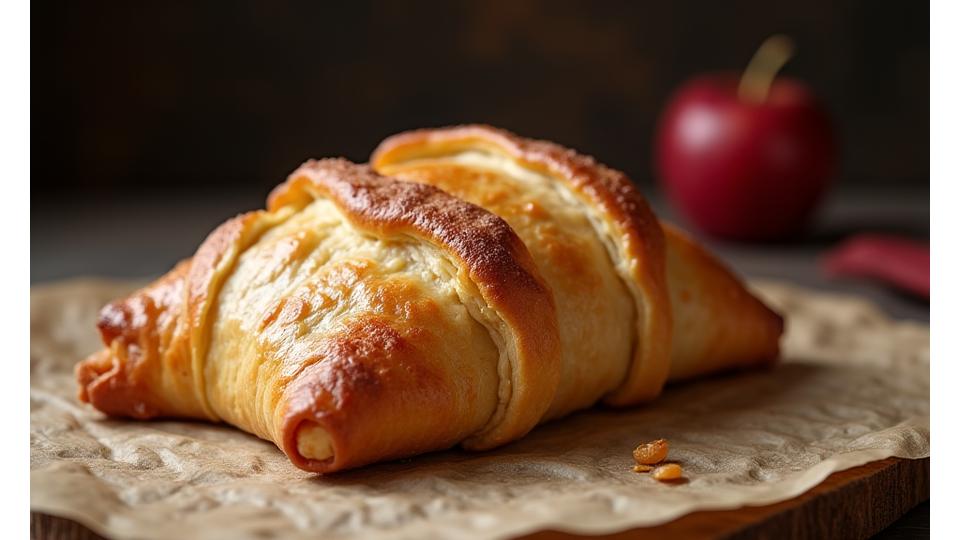 Un chausson aux pommes rustique, avec une pâte dorée et une garniture de pommes légèrement caramélisées visible par une petite ouverture.