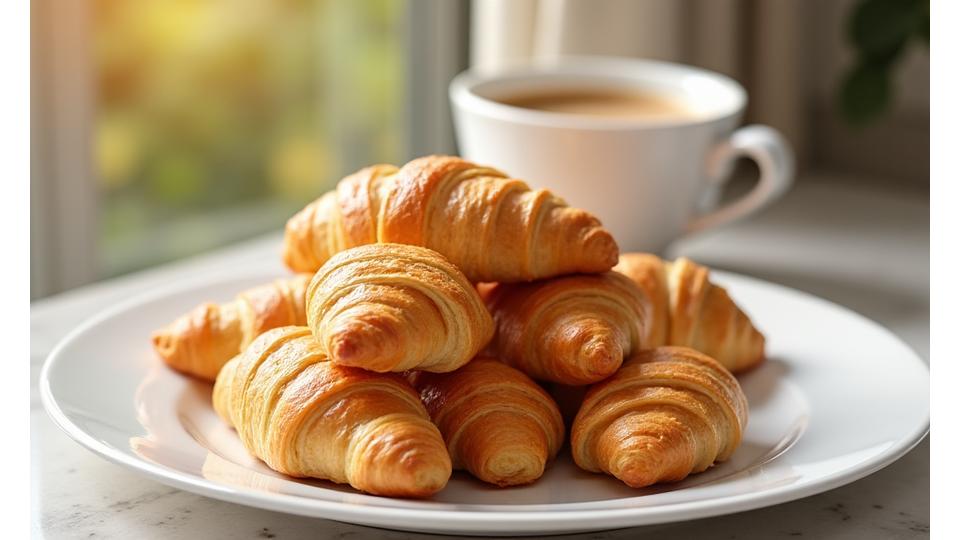 Des croissants dorés, au feuilletage apparent, disposés sur une assiette blanche avec une tasse de café, sous un éclairage doux.