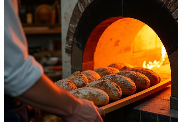 Un boulanger utilisant une pelle pour enfourner des pains dans un grand four à pierre traditionnel, avec la chaleur rougeoyante visible à l'intérieur.