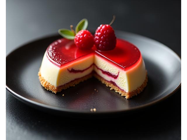 Un entremet moderne glacé avec des couches texturées complexes de mousse, de fruits rouges et de biscuits, présenté sur une assiette minimaliste.