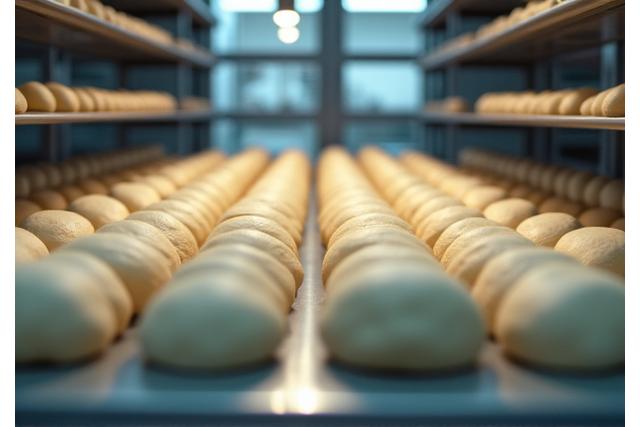 Des rangées de pâtes à pain en fermentation dans une étuve à température et humidité contrôlées, dans un environnement de cuisine professionnelle propre.