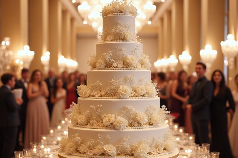 Un magnifique gâteau de mariage à plusieurs étages, blanc et élégamment décoré de fleurs fraîches et de rubans dorés, dans un cadre lumineux et festif.