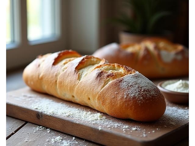 Une baguette tradition française dorée, parfaitement alvéolée, posée sur une planche en bois rustique avec de la farine saupoudrée, évoquant la fraîcheur et l'artisanat.