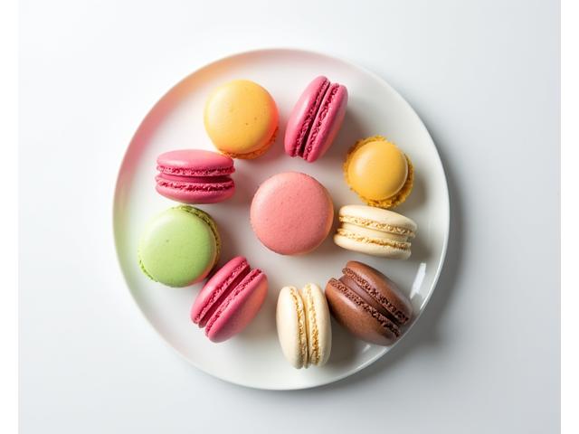Une sélection colorée de macarons artisanaux aux saveurs variées, présentés élégamment sur un plat en porcelaine blanche.