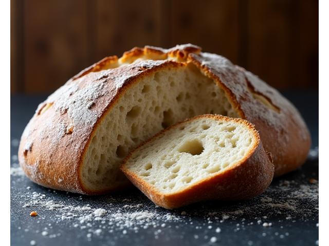 Un pain de campagne rond, rustique, avec une croûte épaisse et farinée, coupé en tranche révélant une mie dense et parfumée.