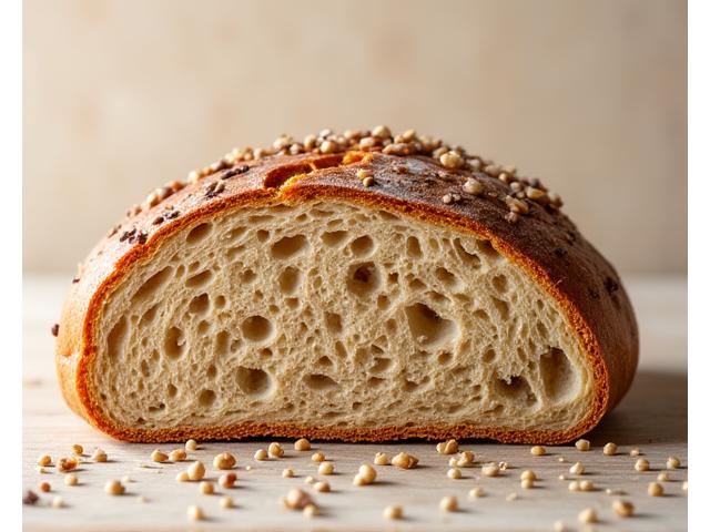 Une miche de pain aux céréales coupée en deux, montrant une mie riche en graines variées comme le lin, le sésame et le tournesol.