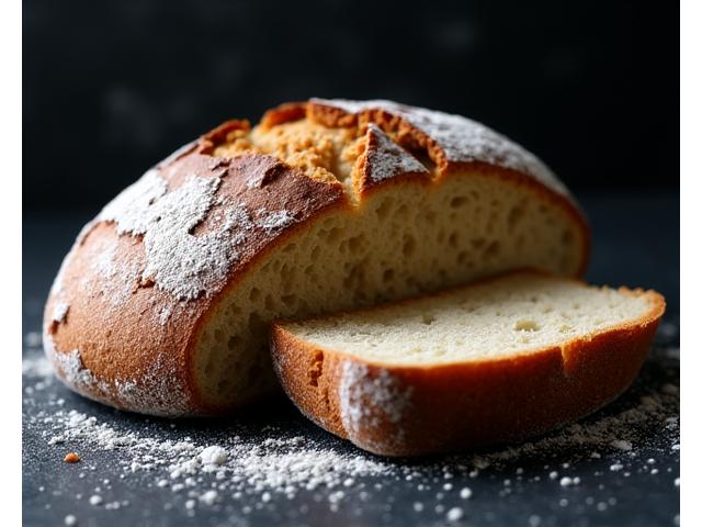 Un pain de seigle foncé, dense et rustique, avec une croûte craquelée et une mie serrée, parfait pour les fromages.