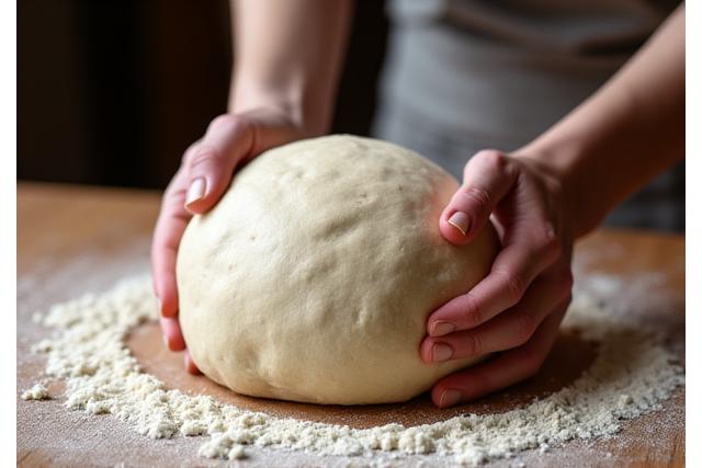 Des mains d'artisan en train de pétrir une grande boule de pâte à pain sur une surface légèrement farinée, montrant la texture élastique de la pâte.