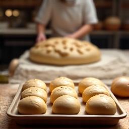 Un plateau de pains artisanaux prêts à être enfournés, avec un boulanger en arrière-plan préparant plus de pâte, évoquant la préparation quotidienne de l'après-midi.