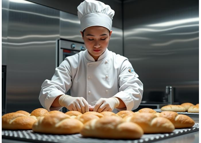 Un chef boulanger avec des gants et une toque, travaillant dans un atelier immaculé dédié à la production sans gluten, montrant des pains sans gluten parfaitement dorés.