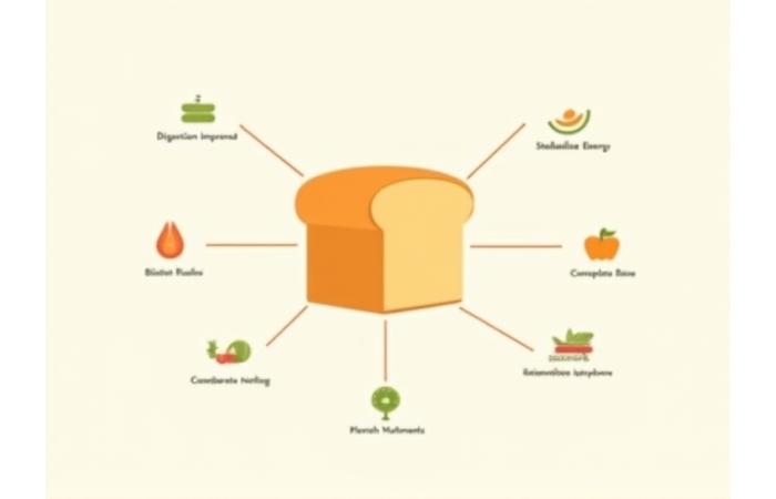 Infographie stylisée montrant les différents bienfaits nutritionnels des pains de Lumière Gourmande, avec des icônes pour la digestion, l'énergie et la nutrition.