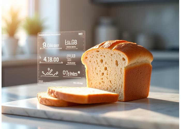 Vue macro d'un pain avec un tableau nutritionnel détaillé flottant numériquement au-dessus, dans un environnement de laboratoire propre et moderne, symbolisant la science derrière nos produits.