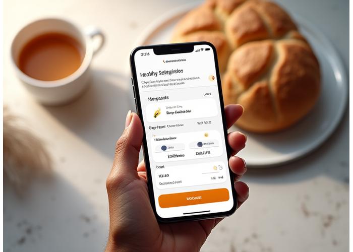 Interface utilisateur stylisée d'une application mobile affichant des options d'abonnement pour des pains sains, avec un calendrier et des choix de personnalisation, le tout dans un cadre épuré.
