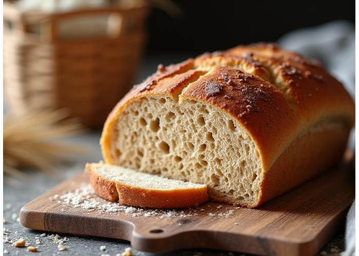 Gros plan sur un pain complet biologique fraîchement cuit, avec une croûte dorée et une mie dense, sur une planche en bois rustique avec des épis de blé bio en arrière-plan.