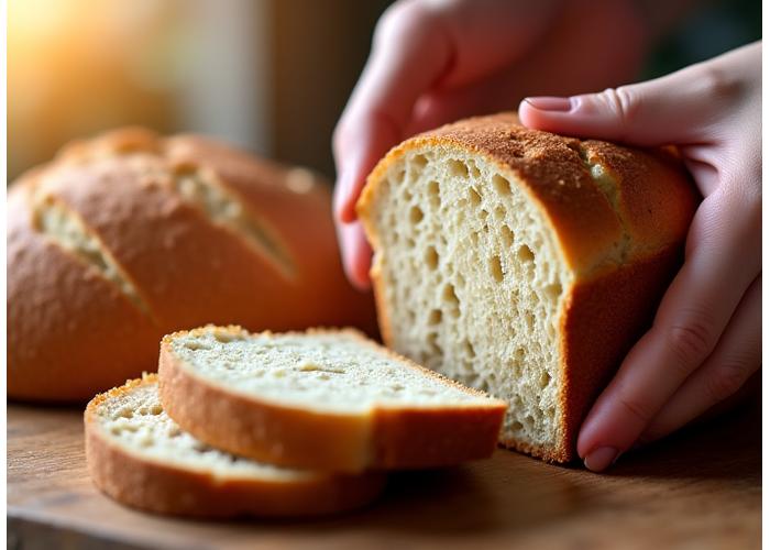 Une main coupe une tranche d'un pain sans gluten ou bio, révélant une mie moelleuse et aérée, avec d'autres pains en arrière-plan flou. Éclairage chaleureux.