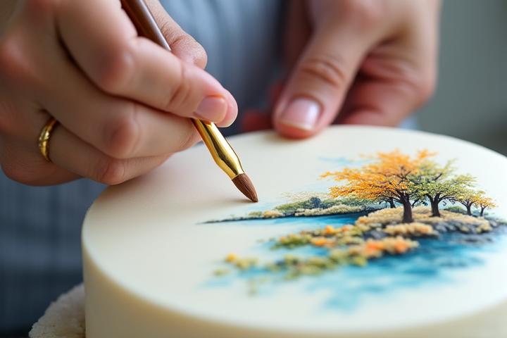 Pâtissier artiste appliquant méticuleusement des pigments comestibles sur un gâteau en forme de toile, utilisant des pinceaux fins pour créer un tableau miniature représentant une scène de jardin français. Lumière douce et concentration sont évidentes.
