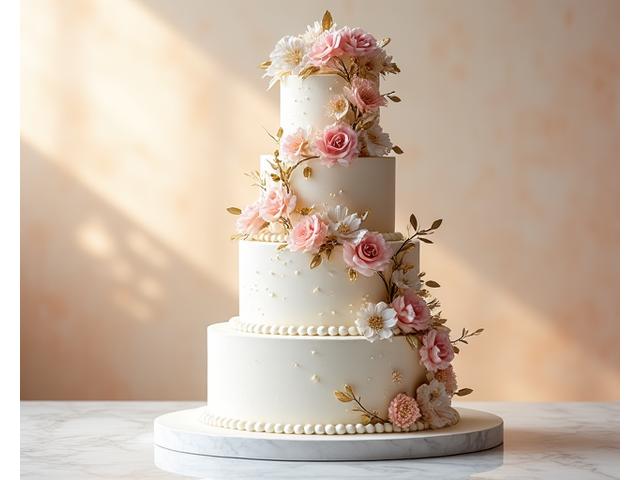 Un gâteau de mariage à plusieurs étages, blanc cassé, orné de délicates fleurs comestibles peintes à la main dans des tons pastel et des accents de dorure or. Il est éclairé par une lumière douce, créant une ambiance élégante et haut de gamme.